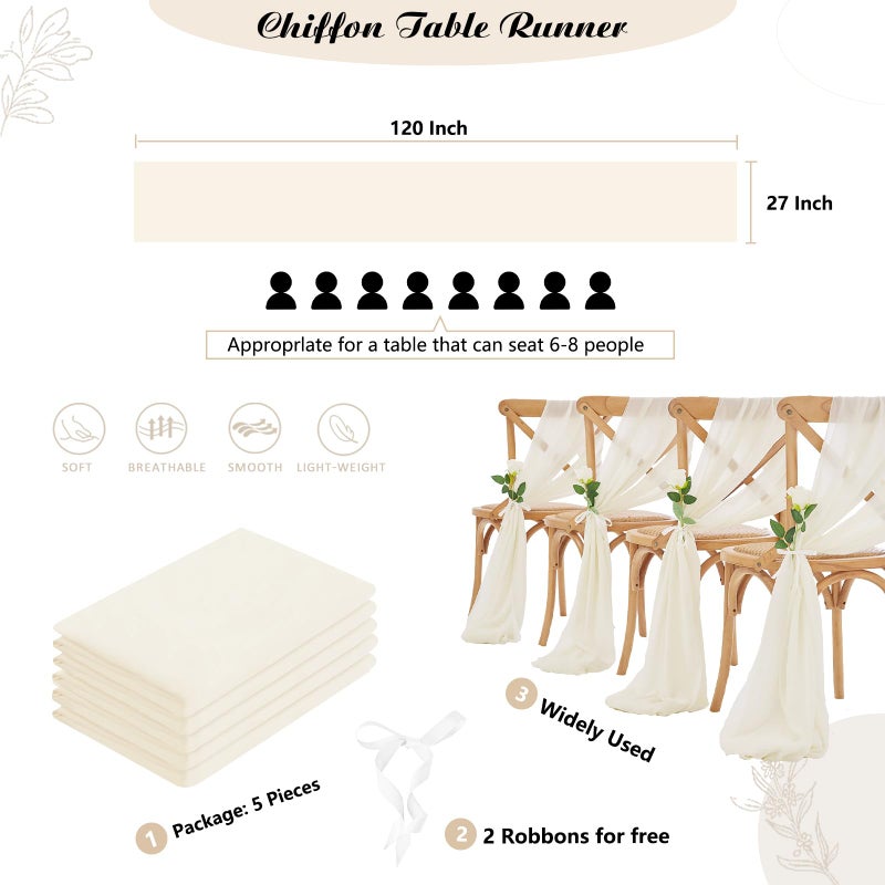 SoarDream Chiffon Table Runner 5 Pieces 27x120 Inches Ivory Sheer Elegant Runners 10Ft Rustic Table Linens for Wedding Boho Party Decor - Image 5